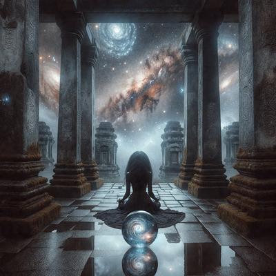 The primary subject of the image is a woman sitting on the ground, surrounded by a beautiful and serene environment. The setting includes a reflecting pool, a sky filled with stars, and a backdrop of ancient pillars and a temple. The visual style of the image is a digital art or illustration, creating a surreal and dreamy atmosphere. The colors and mood of the image are predominantly dark and moody, with the woman's figure and the surrounding elements creating a sense of mystery and intrigue.